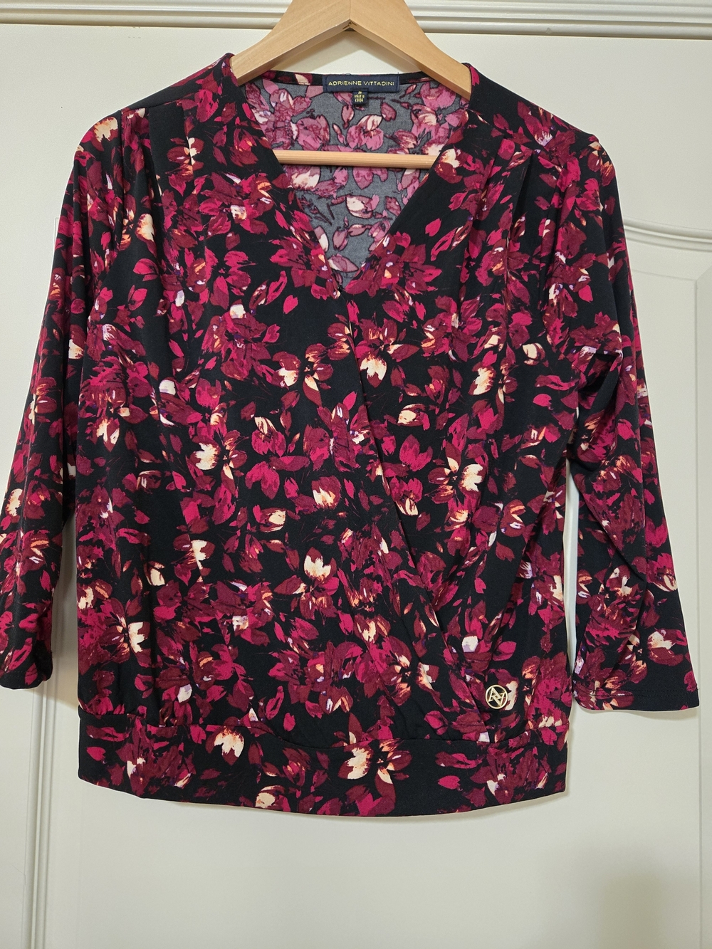 Adrienne Vittadini Black Floral Wrap-Style V-Neck Top